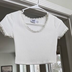 Princess Polly Ivory Ribbed Lace Trim Crop Top
